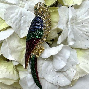Vintage Parrot Brooch Pin Enamel N Rhinestone Goldtone